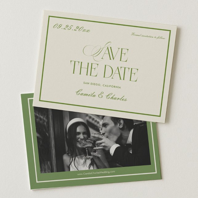 Retro White and Green Wedding Save the date Photo  Inbjudningar (Skapare uppladdad)