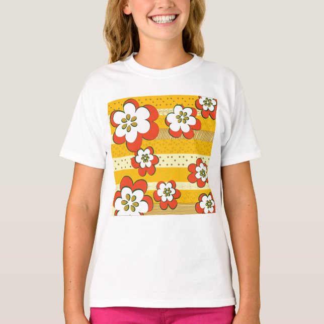 Retro White and Orange Flowers T Shirt (Framsida)