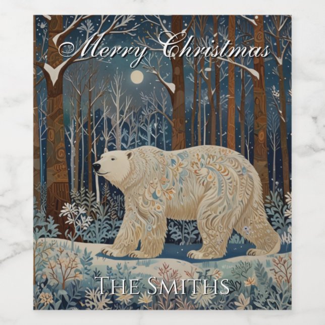 Retro white björnboho vinterskog personifierar vinflaska etikett (Singel etikett)