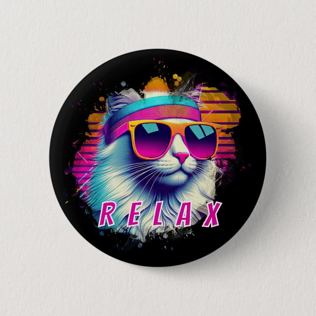 Retro White Cat med Orange Solglasögon Anpassnings Knapp (Framsida)