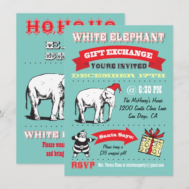 Retro White Elephant-julfestinbjudan Inbjudningar (Fram/baksida)