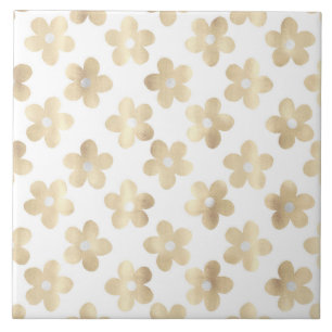 Retro White Guld Daisy Flowers Kakelplatta
