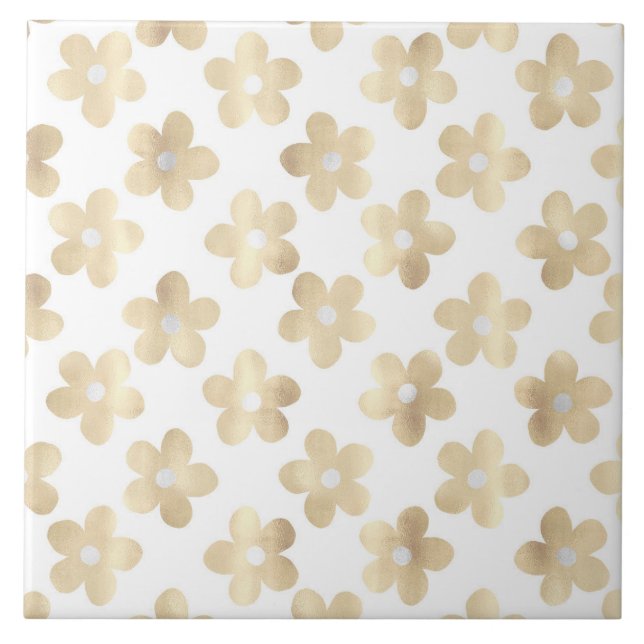 Retro White Guld Daisy Flowers Kakelplatta (Framsidan)