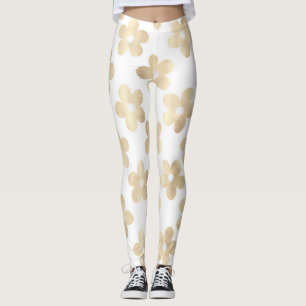 Retro White Guld Daisy Flowers Leggings
