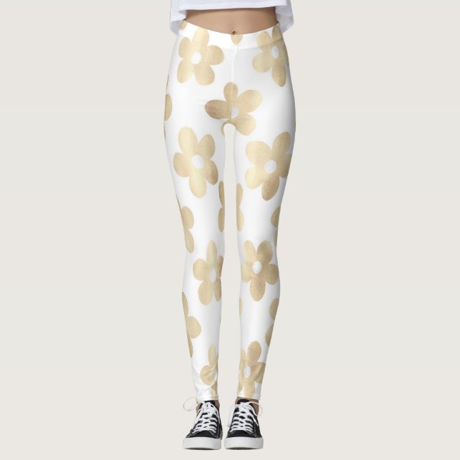 Retro White Guld Daisy Flowers Leggings (Framsida)