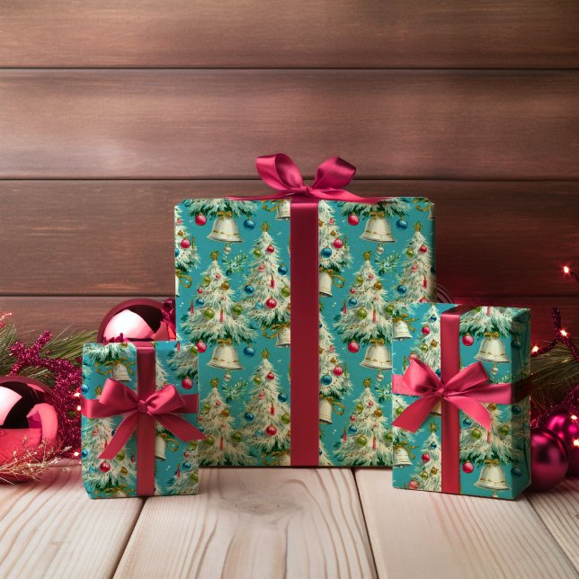 Retro White Julgranar Blue Presentpapper (Skapare uppladdad)