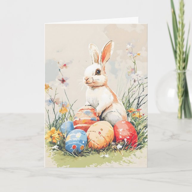 Retro White Rabbit Påsk Helgkort (Framsida)