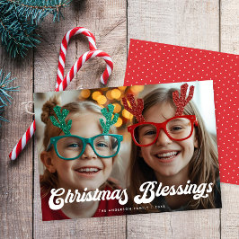 Retro White Script Christmas Blessings One Photo Julkort