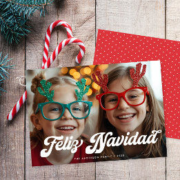 Retro White Script Feliz Navidad One Photo Julkort