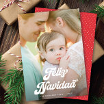 Retro White Script Feliz Navidad One Photo Julkort<br><div class="desc">This fun and festive holiday photo card features one vertical "full-bleed" photo, retro script greeting, and modern typography. The back of the card has simple red and white dot pattern (you can also add another photo and/or additional text to the back). **All colors of this design are customizable by using...</div>