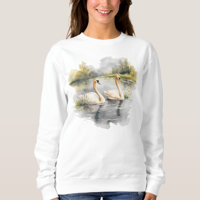 Retro White Svanar Winter Sjö Scene T Shirt (Framsida)