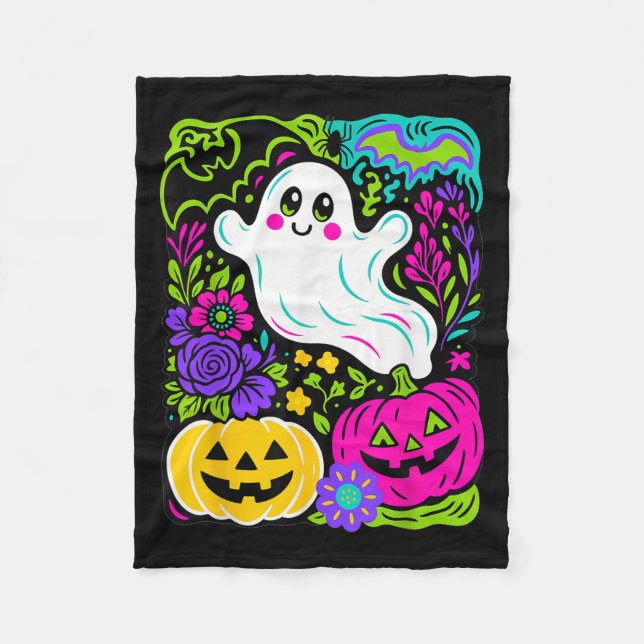 Retro WildblommBoho Ghost Blommigt Halloween Cute Fleecefilt (Framsidan)