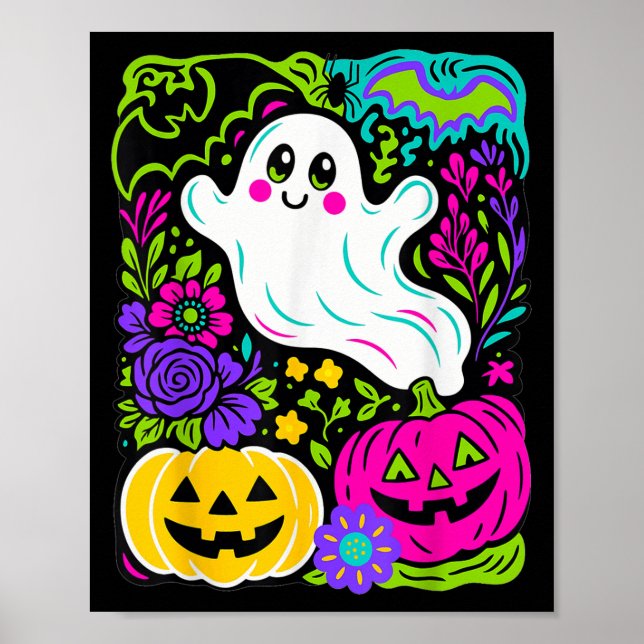 Retro WildblommBoho Ghost Blommigt Halloween Cute Poster (Framsidan)