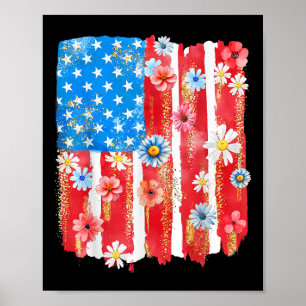 Retro Wildflower Amerikansk Flagga Kvinnor 4:e Jul Poster