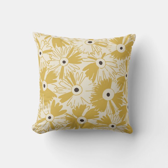 Retro Wildflower & Diamond Grid Reversible Mustard Kudde (Framsida)