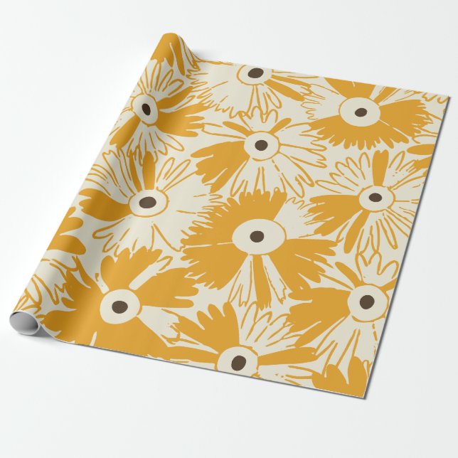 Retro Wildflower Storskalig Blomma Gullris Presentpapper (Utrullad)