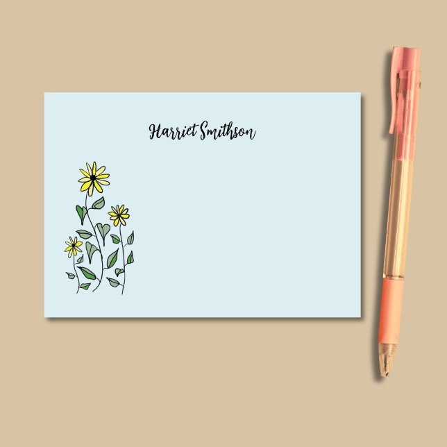 Retro Wildflowers Personalized Pastel Sky Blue Post-it Block (Bright yellow wildflowers look peppy and cheery against a sky blue background.)