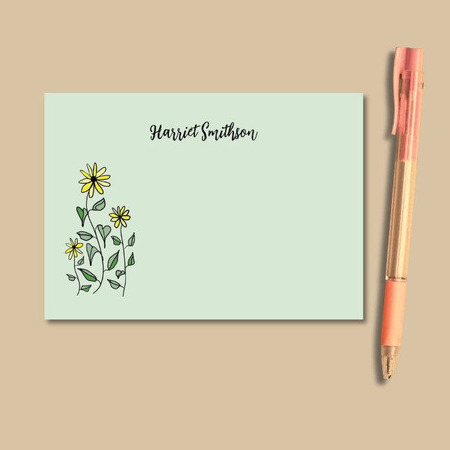 Retro Wildflowers Personalized Sage Botanical Post-it Block (On these relaxing Post-It notes, wildflower doodle art appears on a soft sage green background.)