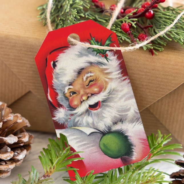 Retro Winking Jultomten jul Presentetikett (Retro Winking Santa Claus Christmas Gift Tags)