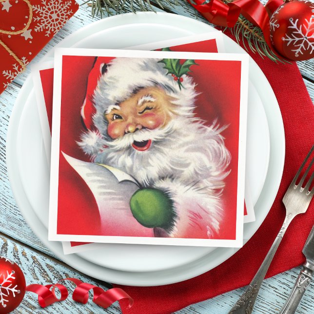 Retro Winking Santa Checka in sin lista Pappersservett (Retro Winking Santa Checking His List Napkins)