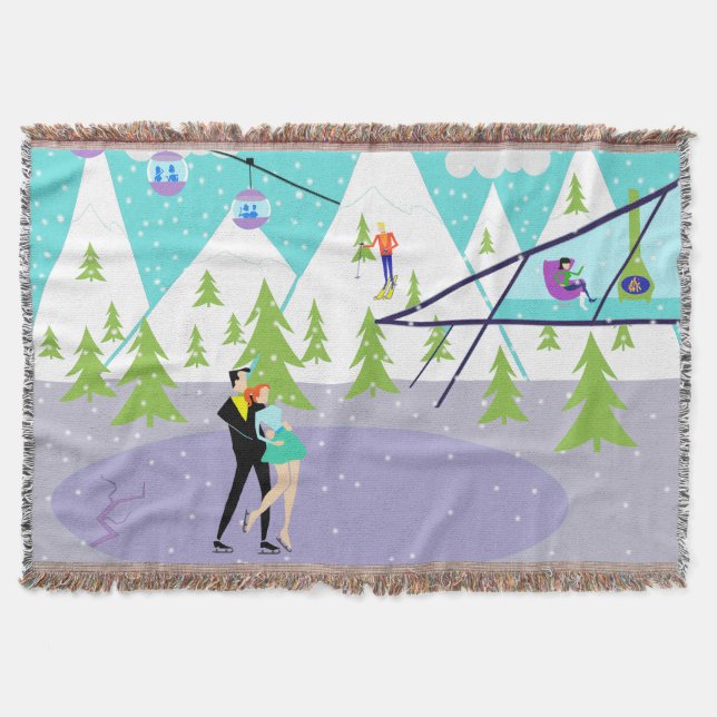 Retro Winter Ski Resort Throw Blanket Mysfilt (Framsidan)