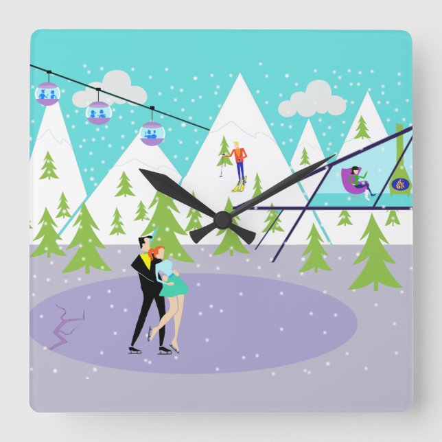 Retro Winter Ski Resort Wall Clock Fyrkantig Klocka (Framsida)