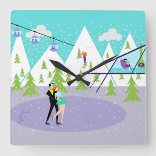 Retro Winter Ski Resort Wall Clock Fyrkantig Klocka