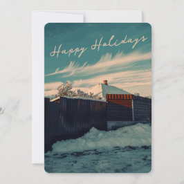 Retro Winter Snow Landscape Teal Sky Holiday Julkort