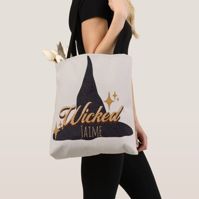 Retro Witch Hat Wicked Namn Tote Bag Tygkasse (Närbild)