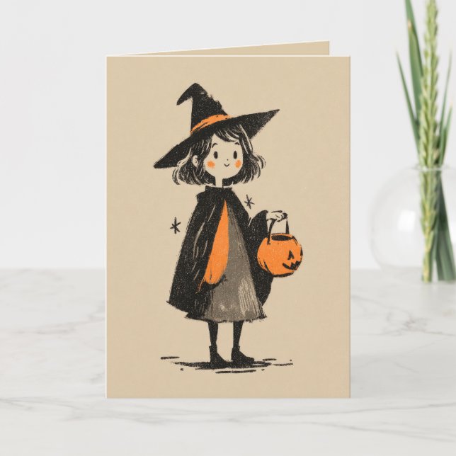 Retro Witch Illustration Spooky Cute Halloween Kort (Framsida)