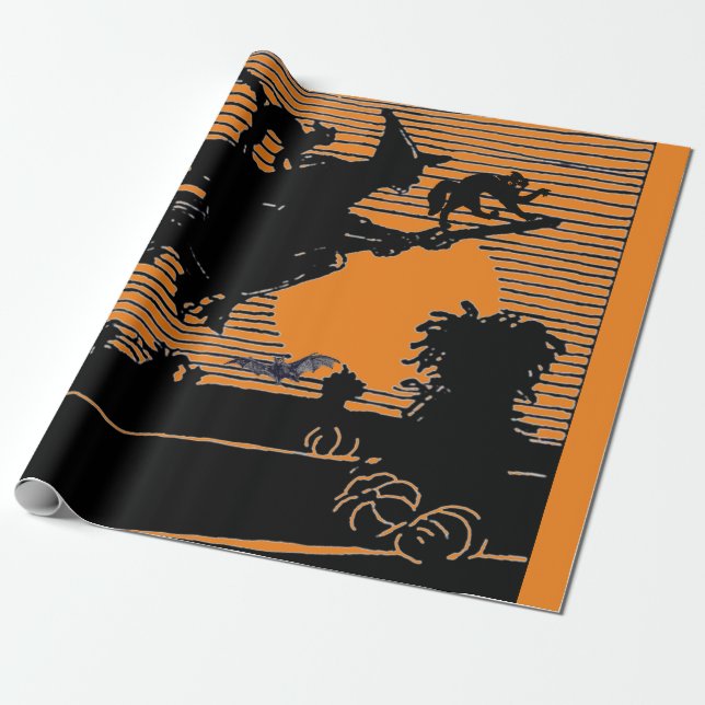 RETRO WITCH ON A BROOM HALLOWEEN Wrapping Papper Presentpapper (Utrullad)