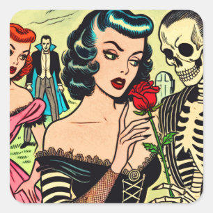 Retro Witch Vampire Girl Horror Tecknader Fyrkantigt Klistermärke