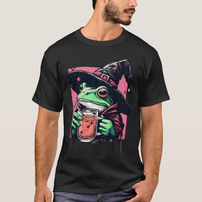 Retro Witchy Frog Drink Tea T-Shirt (Framsida)