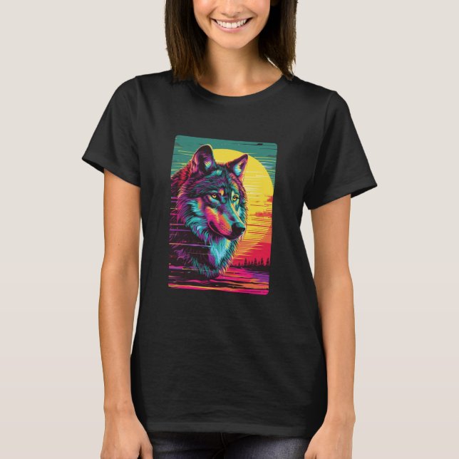 Retro Wolf Sunset T Shirt (Framsida)