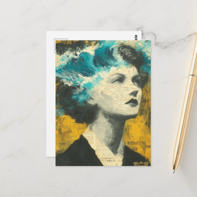 Retro Woman Brain Vågar blandade media Collage Vykort (Fram/Back In Situ)