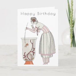 Retro Woman Fish Bowl Art Deco Birthday Card Kort