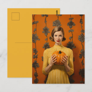 Retro Woman Holding Pumpkin Vykort