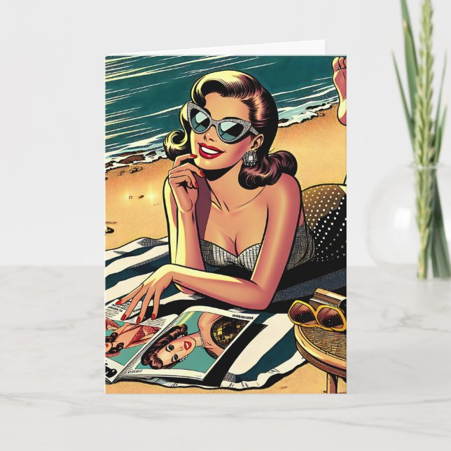 Retro Woman i Beach | Åldersdag Humor Kort (Framsida)