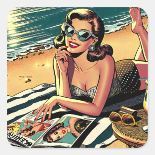 Retro Woman i Beach som läser ett Mode-magasin Fyrkantigt Klistermärke