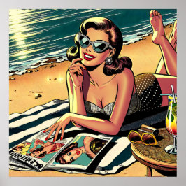 Retro Woman i Beach som läser ett Mode-magasin Poster