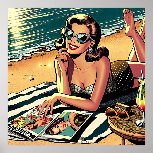 Retro Woman i Beach som läser ett Mode-magasin Poster (Framsidan)
