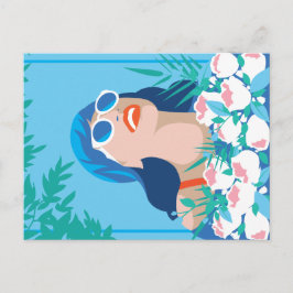 Retro Woman med blommor och solsken Vykort