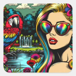 Retro Woman och Parrot i Park Pop Art Fyrkantigt Klistermärke