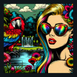 Retro Woman och Parrot i Park Pop Art Poster<br><div class="desc">Retro pop art tecknad stil art vacker kvinna i solglasögon i en blomsterträdgård med vattenfall med en söt färglös papegoja av henne. Hon är omgiven av naturen,  en damm och blommor.</div>