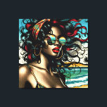 Retro Woman on Beach Tecknad Stil Pop Art Canvastryck<br><div class="desc">Söt retro-amerikan i bikini sitta på stranden med solglasögon på i vintage färg i en popart tecknad stil.</div>