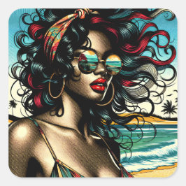 Retro Woman on Beach Tecknad Stil Pop Art Fyrkantigt Klistermärke