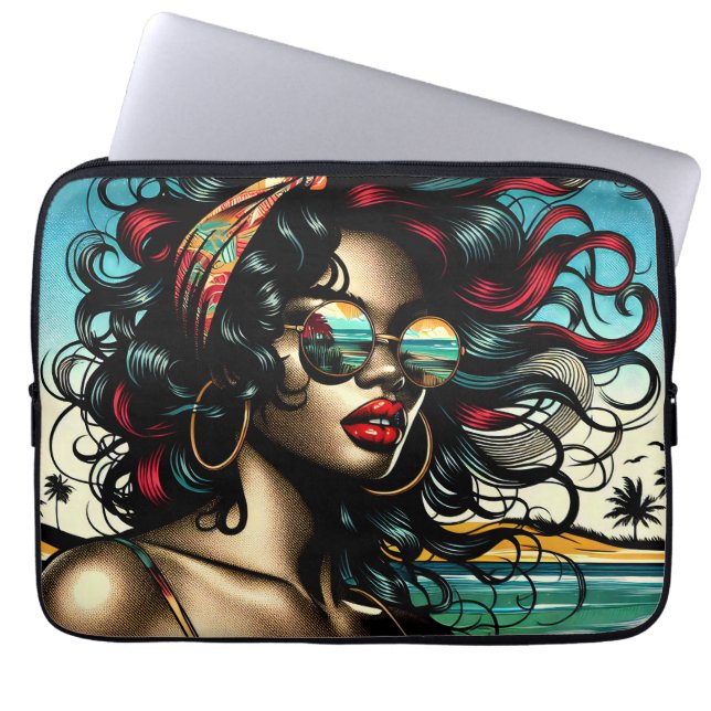 Retro Woman on Beach Tecknad Stil Pop Art Laptop Fodral (Framsidan)