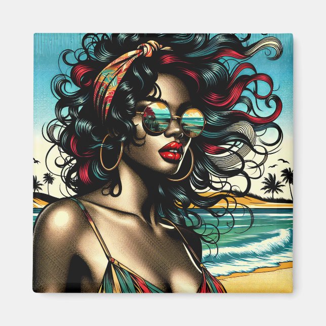 Retro Woman on Beach Tecknad Stil Pop Art Magnet (Framsidan)