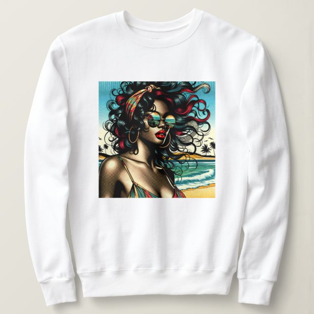 Retro Woman on Beach Tecknad Stil Pop Art T Shirt (Design framsida)