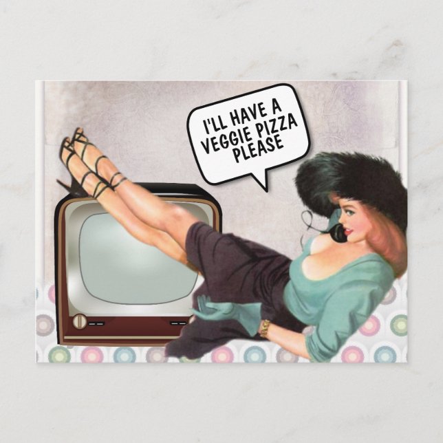 RETRO WOMAN ORDERING VEGETARIAN PIZZA POSTCARD VYKORT (Framsida)